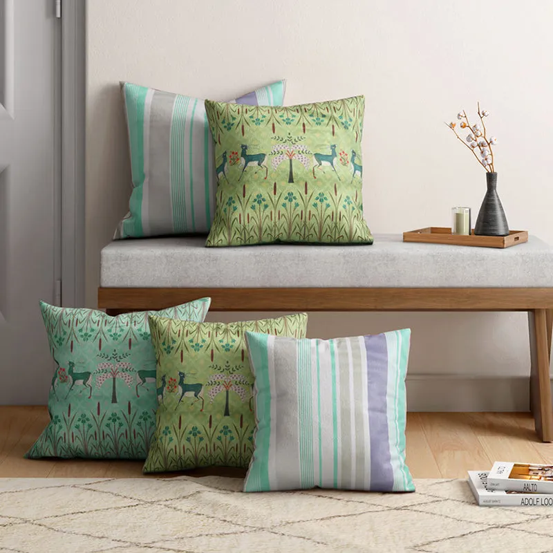 India Circus Symmetric Stag Printed Velvet Cushion Cover - Set Of Five media 1