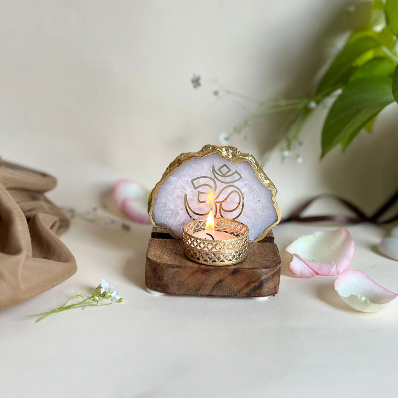 Om Handcrafted Agate Religious Accent With Tealight Candle Holder - White
