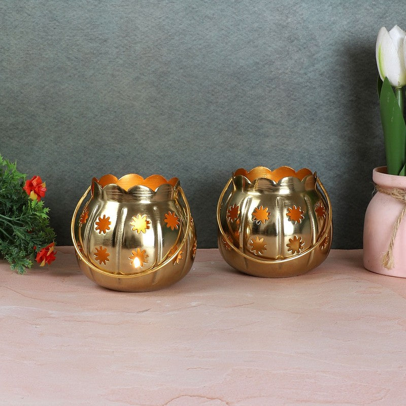 Himera Matki Tealight Candle Holder (Gold) - Set Of Two