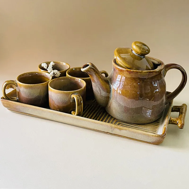Solace Brew Ceramic Tea Set With Tea Pot & Tray (650 mL/160 mL) - Six Piece Set media 1