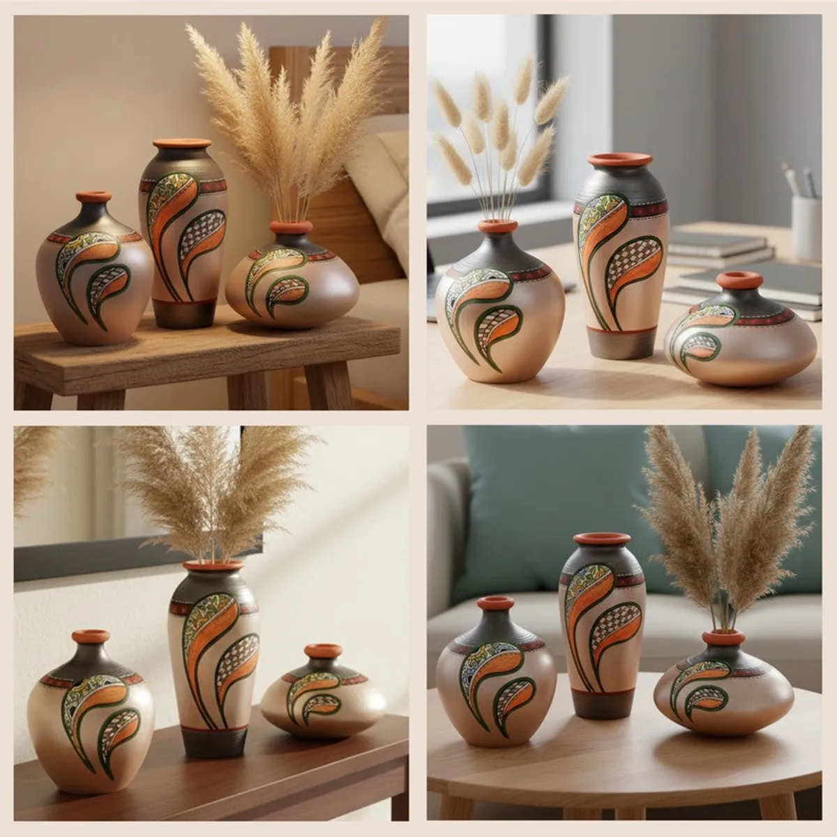 Collage of four styled room scenes showing the three painted terracotta vases together.
