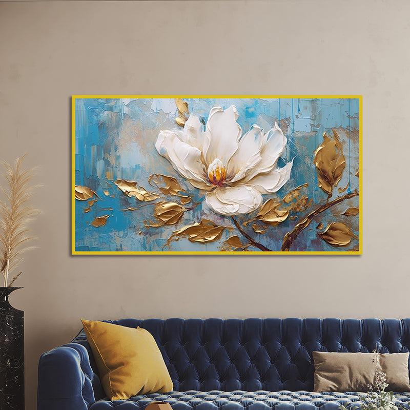 Flor Blanca Floral Canvas Wall Painting With Frame - Gold media 5