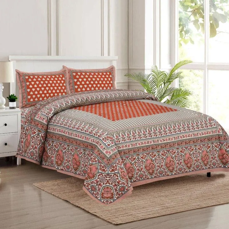 Trivona Regal Ethnic Cotton Bedsheet (Red,Light Green) - 180 TC media 1
