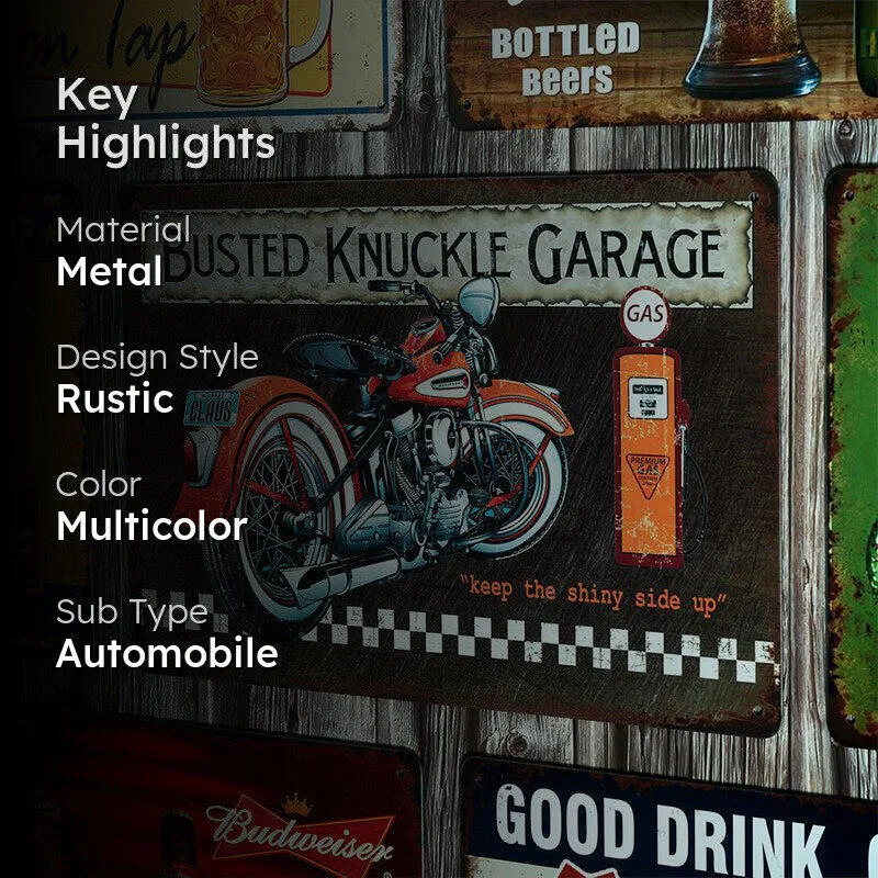 Busted Knuckle Motorcycle Garage Retro Metal Wall Accent media 2