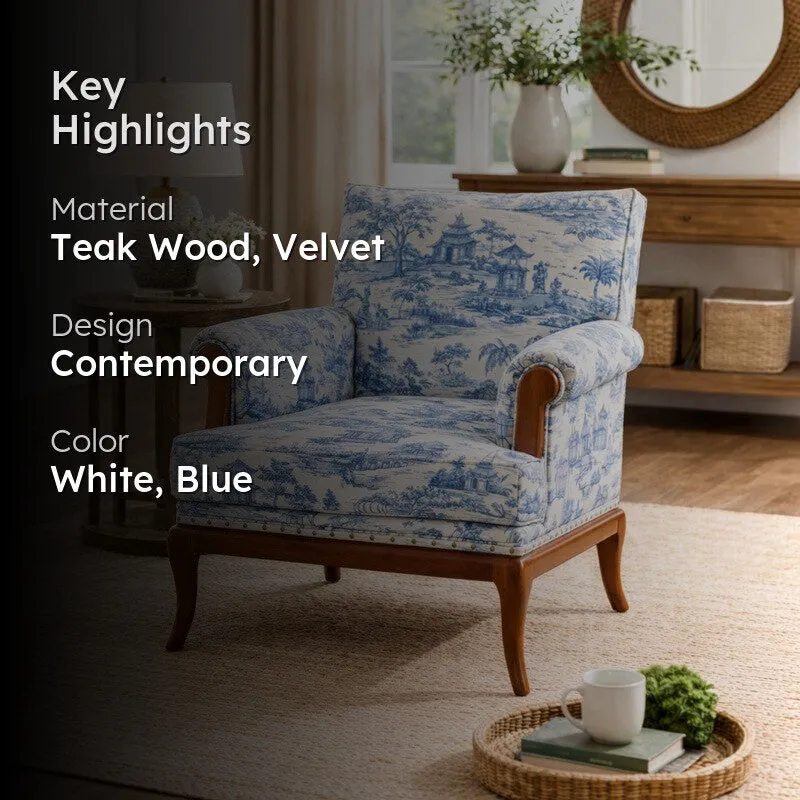 Aurelia Teak Wood & Velvet Upholstered Lounge Chair media 2