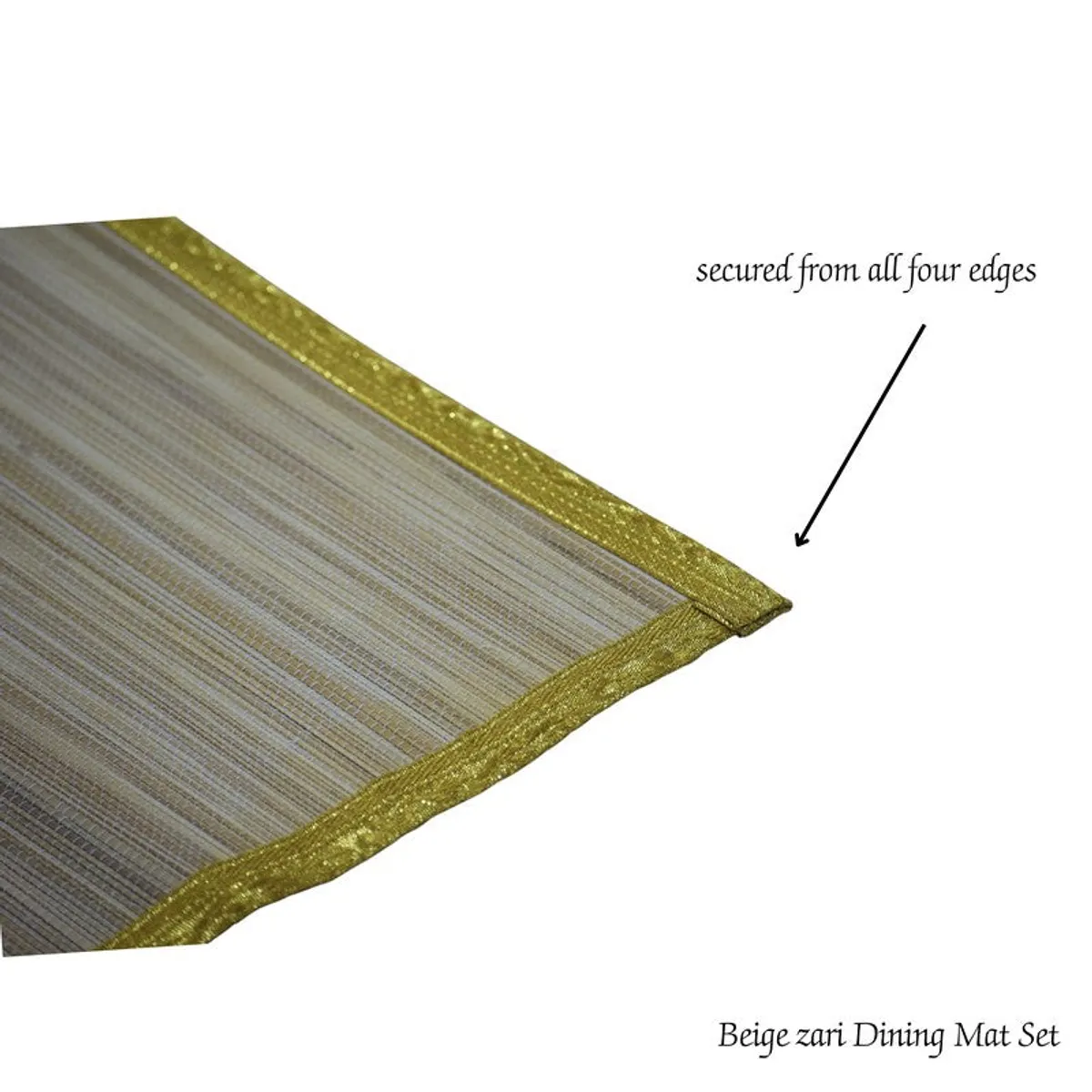 Close-up of a mat corner showing the zari border around the edge