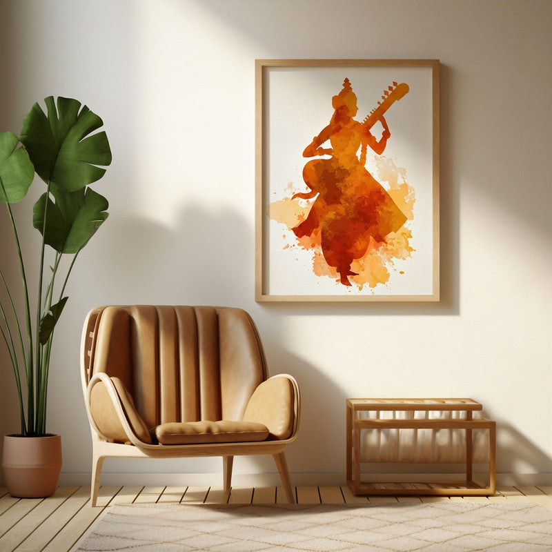 Sri Saraswati Devi Playing Veena Archival Paper Wall Art - Natural Brown Frame
