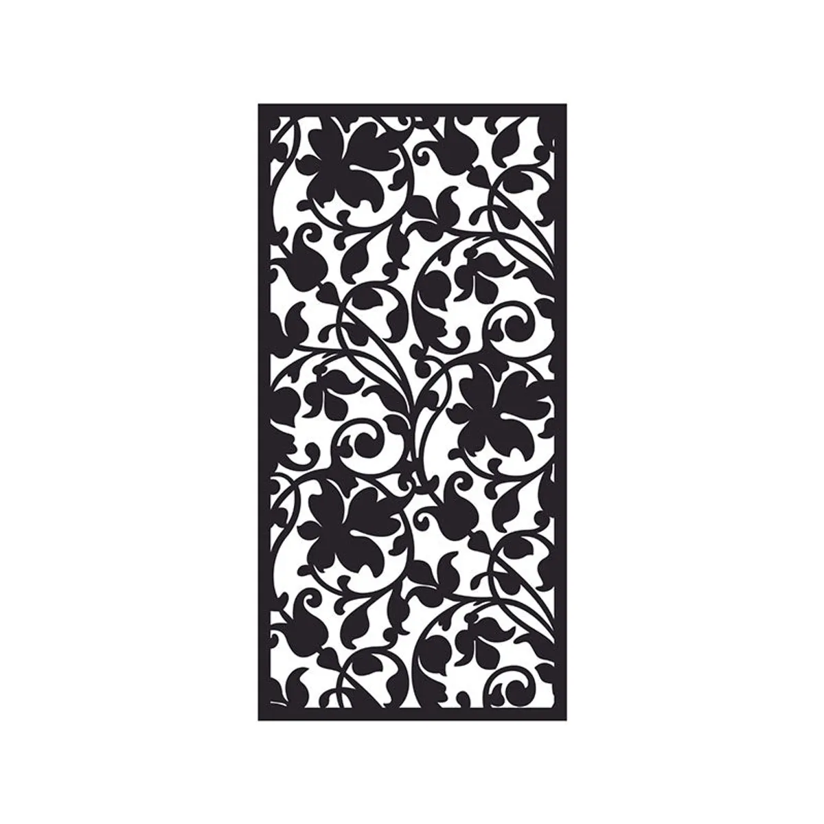 Black rectangular iron wall accent with intricate swirling floral vine pattern