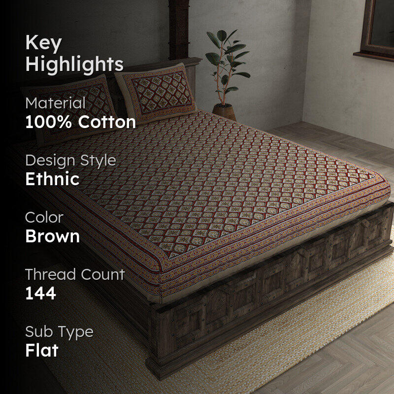 Mukta Ethnic Printed Cotton Bedsheet (Brown) - 144 TC media 2