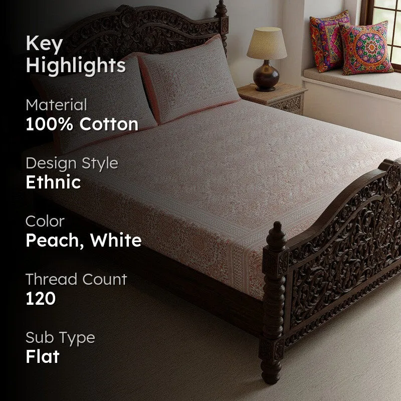 Anvi Ethnic Printed Cotton Bedsheet (Peach) - 120 TC media 2