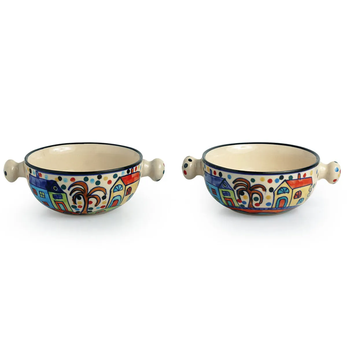 Pair of illustrated ceramic bowls with colourful house and face motifs on a white background.