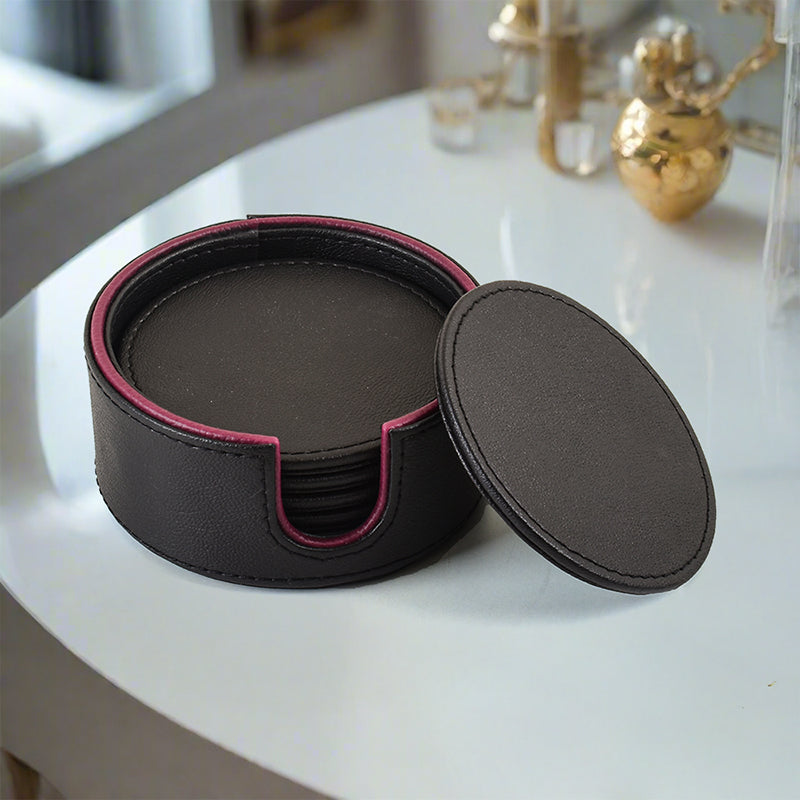 Tisca Faux Leather Coaster (Black) - Seven Piece Set