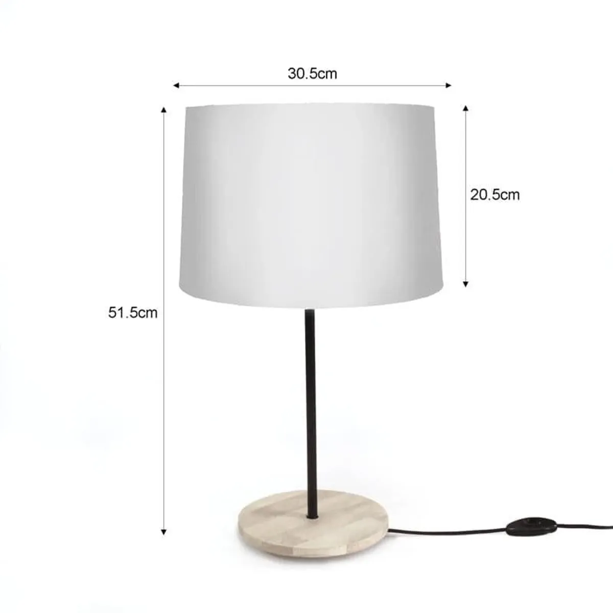 Table lamp with plain shade shown with overall dimensions