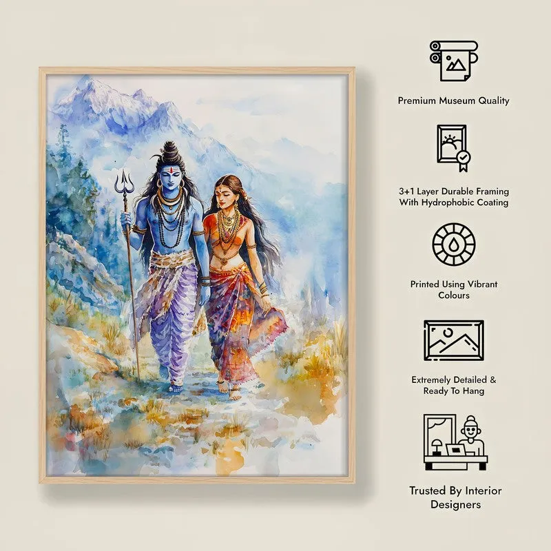 Gangadhara Parvati Spiritual Archival Paper Wall Painting - Natural Brown Frame media 8