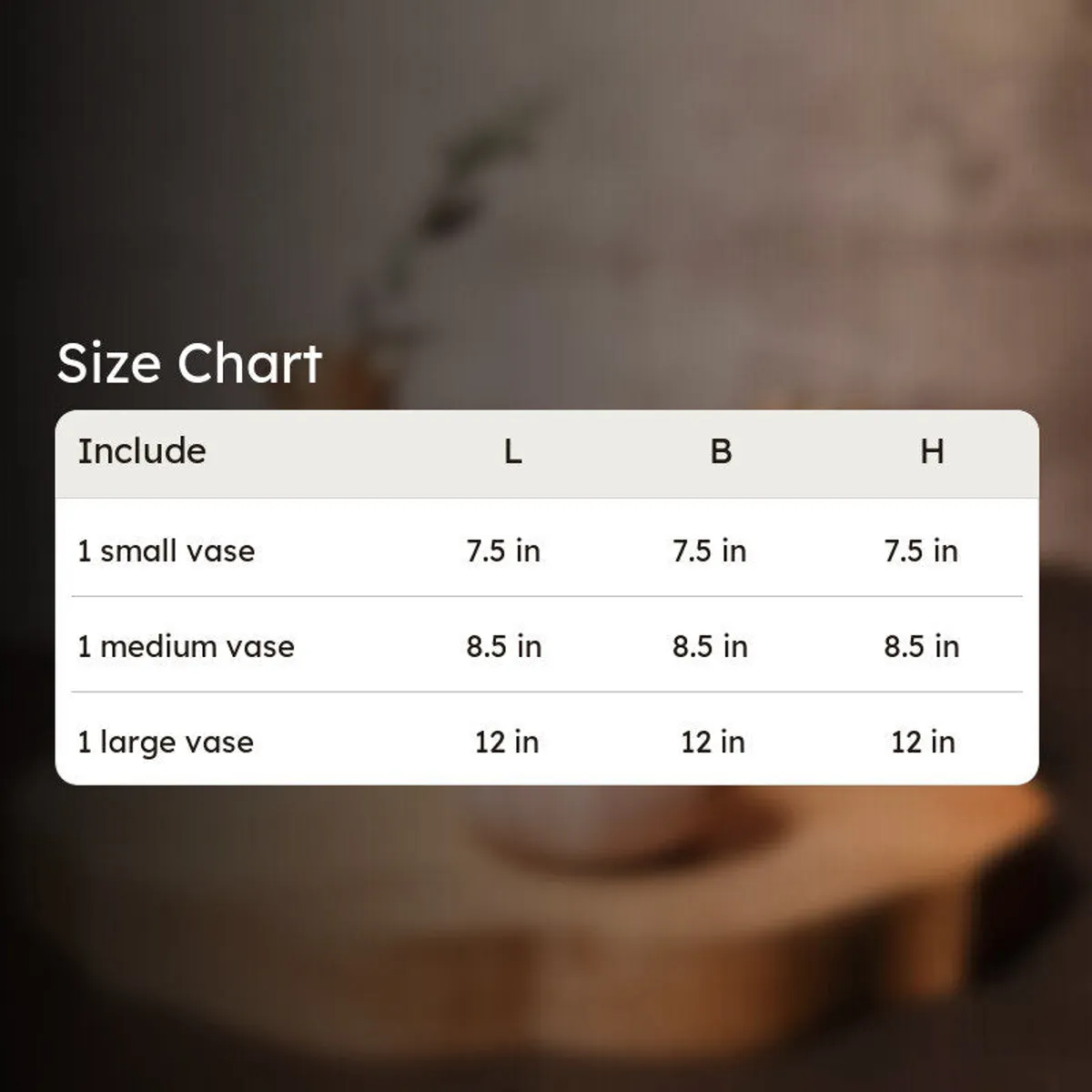 Size chart graphic for the Granada vase set