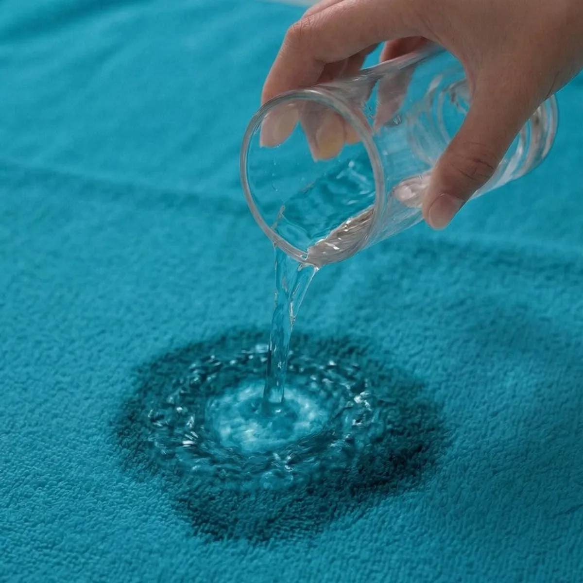 Water being poured onto the absorbent teal towel surface