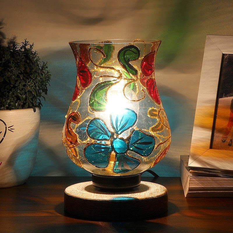Twilight Mosaic Glass Table Lamp With Wooden Base - Multicolor