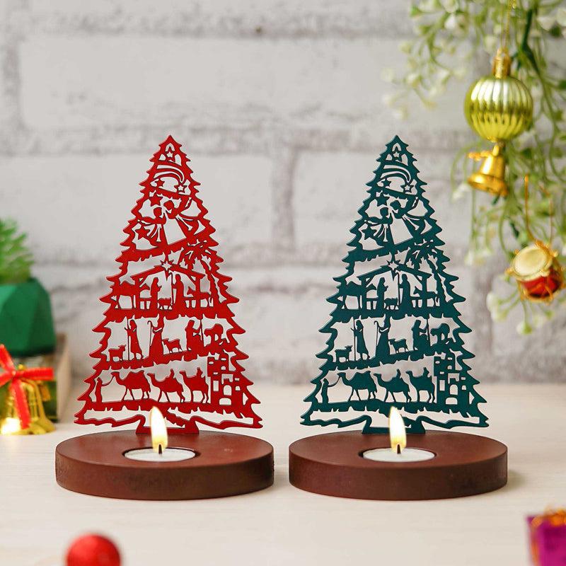 Manger & Tree Wood Christmas Tea Light Holder - Set Of Two
