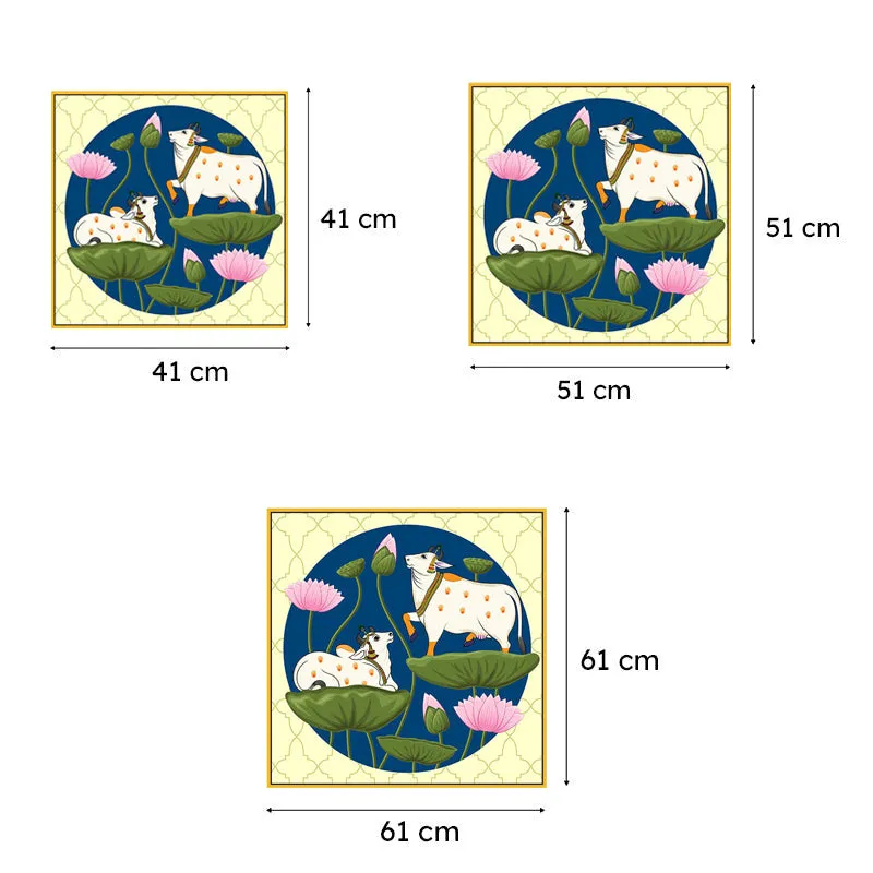 Lotus & Cows Canvas Wall Painting With Frame - Gold media 7