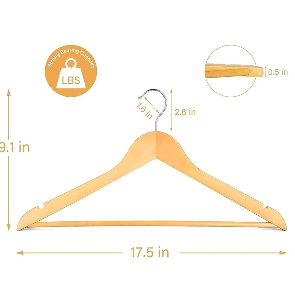Single natural wood hanger with metal hook on a white background