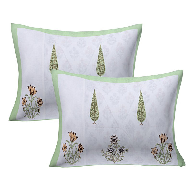 RiwaayatWhite Handblock Printed Cotton Bedsheet (Green) - 400 TC media 5