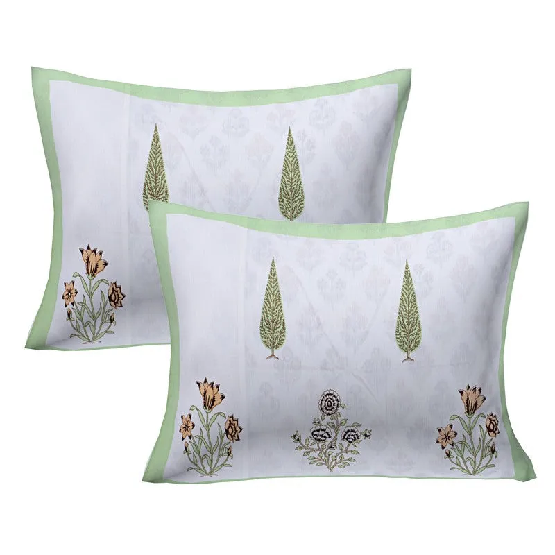 RiwaayatWhite Handblock Printed Cotton Bedsheet (Green) - 400 TC media 5