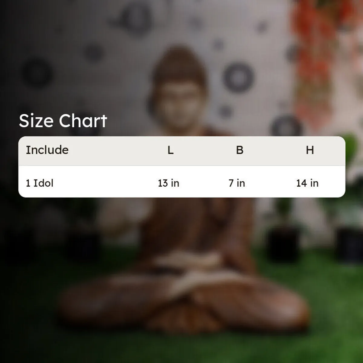 Blurred Buddha showpiece with size chart overlay