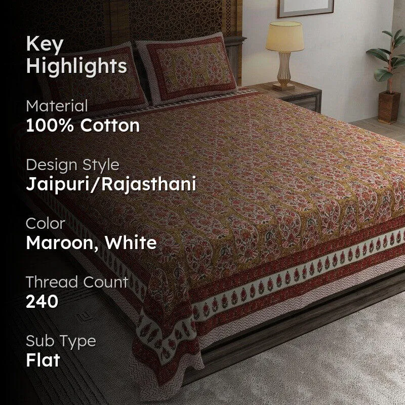 Floray Cotton Bedsheet (Maroon,White) - 240 TC media 2