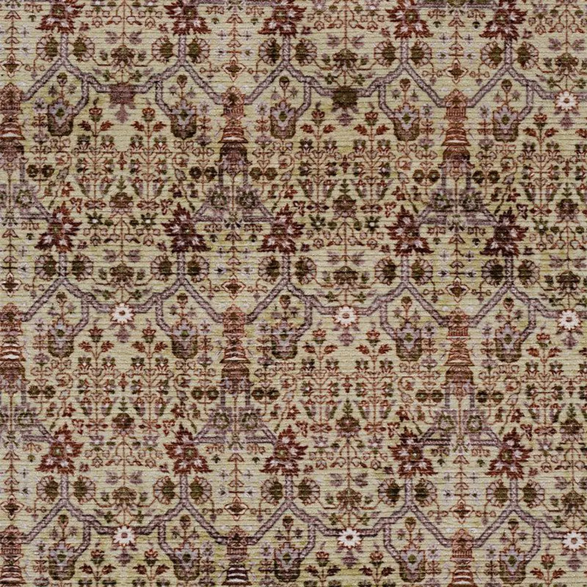 Close-up of the carpet's intricate geometric and floral ethnic pattern
