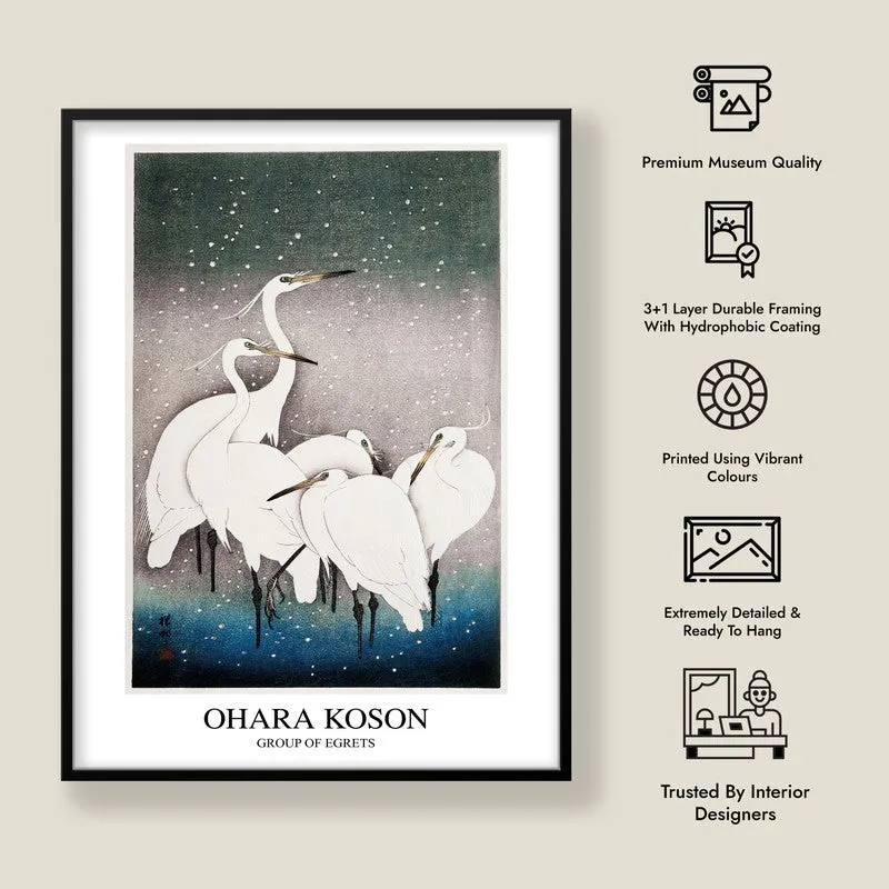 Group of Egrets Ohara Koson Archival Canvas Wall Painting - Black Frame media 8