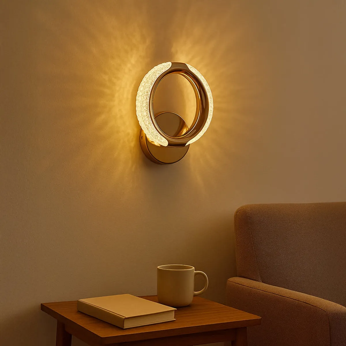 Circular gold wall lamp illuminating a side table and sofa