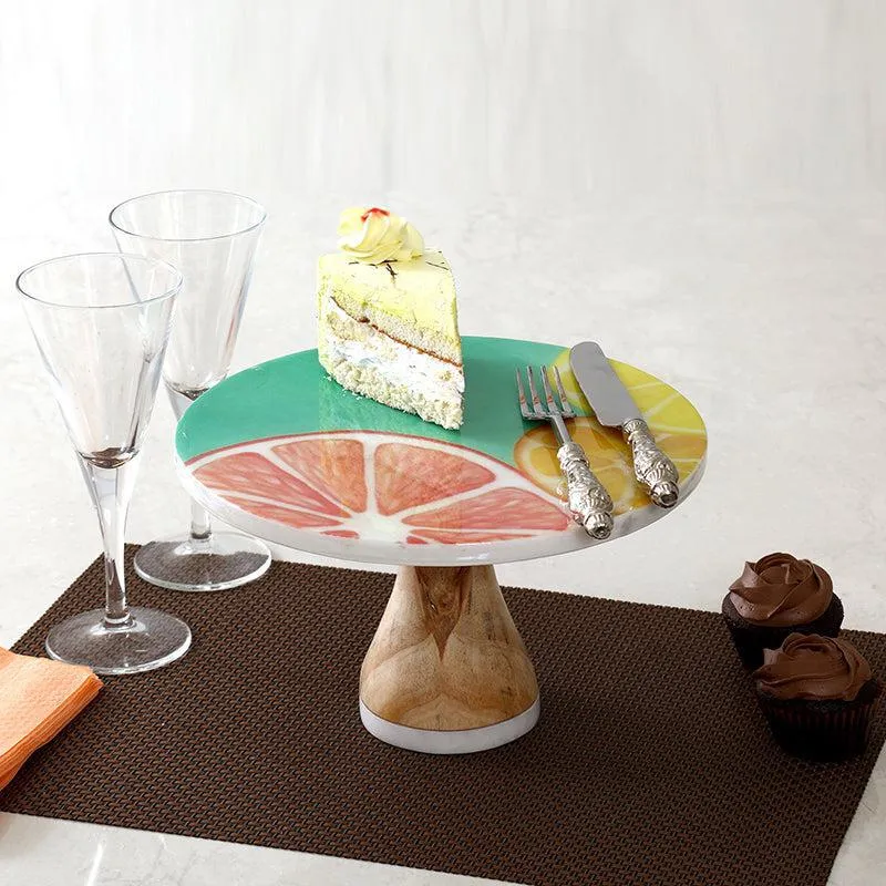 Citrus Wave Printed Marble & Wood Cake Stand media 1
