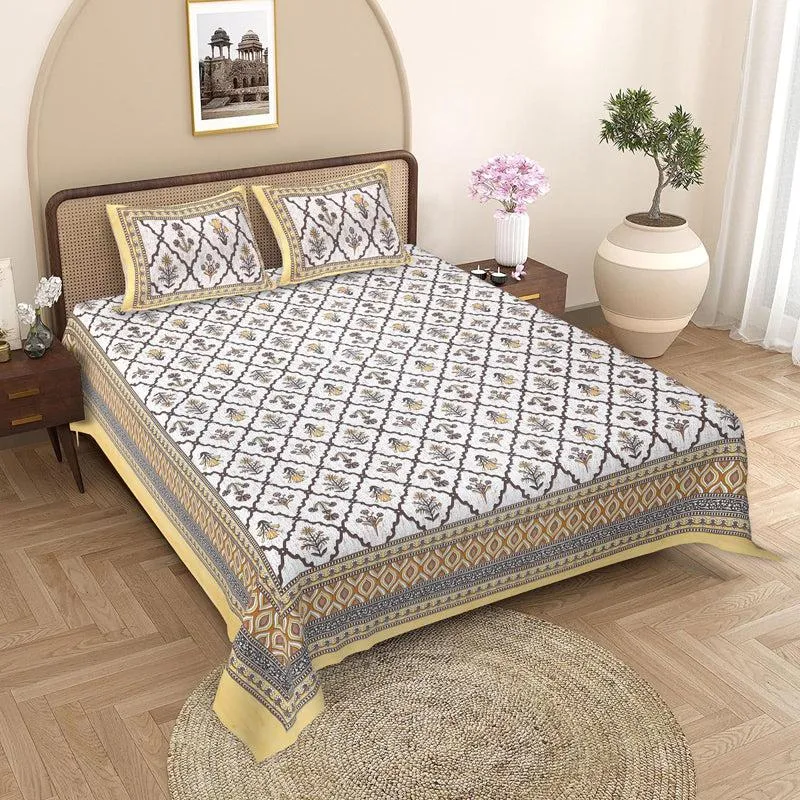 Adhira Ethnic Cotton Bedsheet (Yellow,Blue) - 180 TC media 1