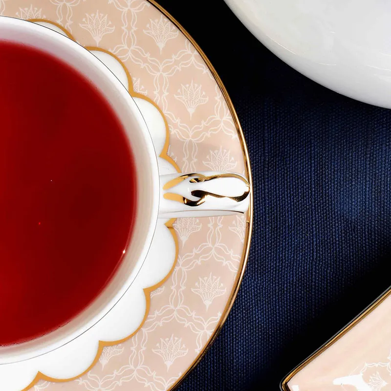 Gilded Legacy 24k Gold Brushed Porcelain Tea Cup & Saucer (Peach/ 300 mL) - Twelve Piece Set media 7