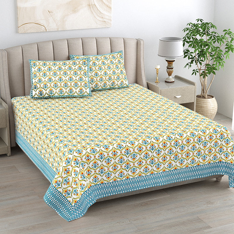 Ethnik Mirage Cotton Bedsheet (Blue, Yellow) - 144 TC