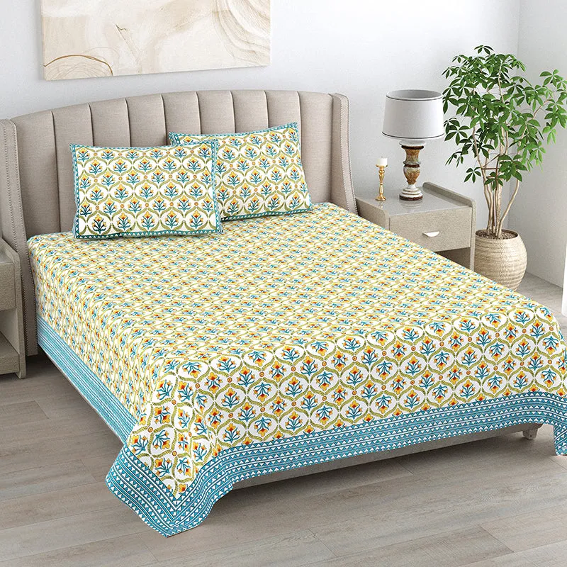 Ethnik Mirage Cotton Bedsheet (Blue, Yellow) - 144 TC media 1