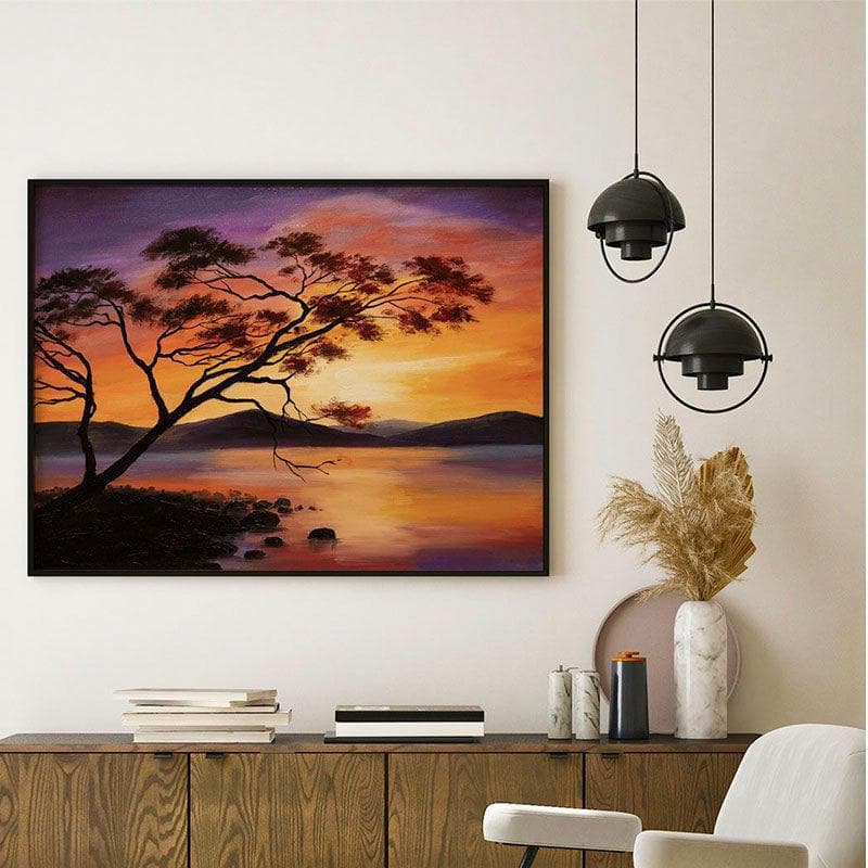 Golden Sunset Lakeside Canvas Wall Painting - Black Frame