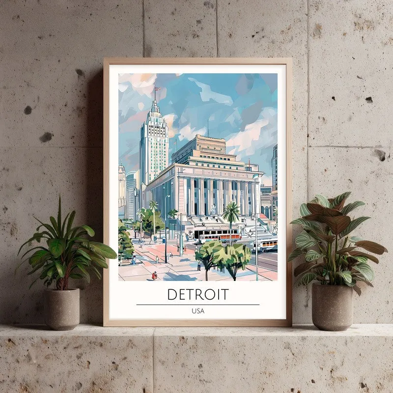 Vintage Detroit Framed Canvas Archival Canvas Wall Painting - Natural Brown Frame media 3