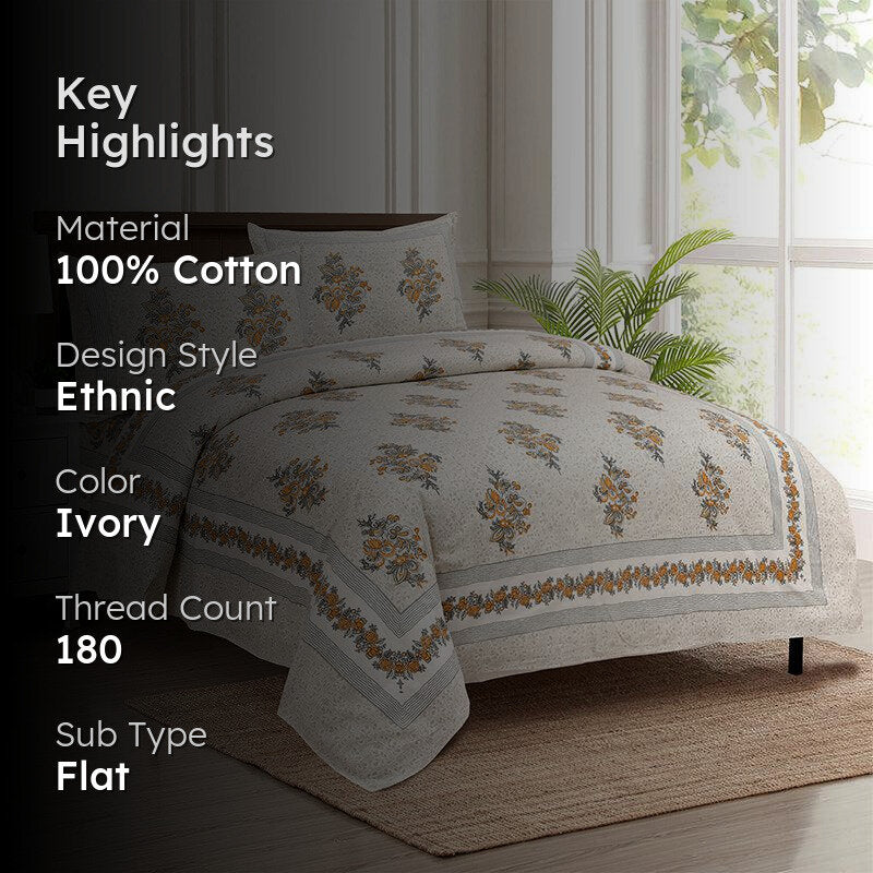 Gaja Floral Cotton Bedsheet (Ivory,Orange) - 180 TC media 2