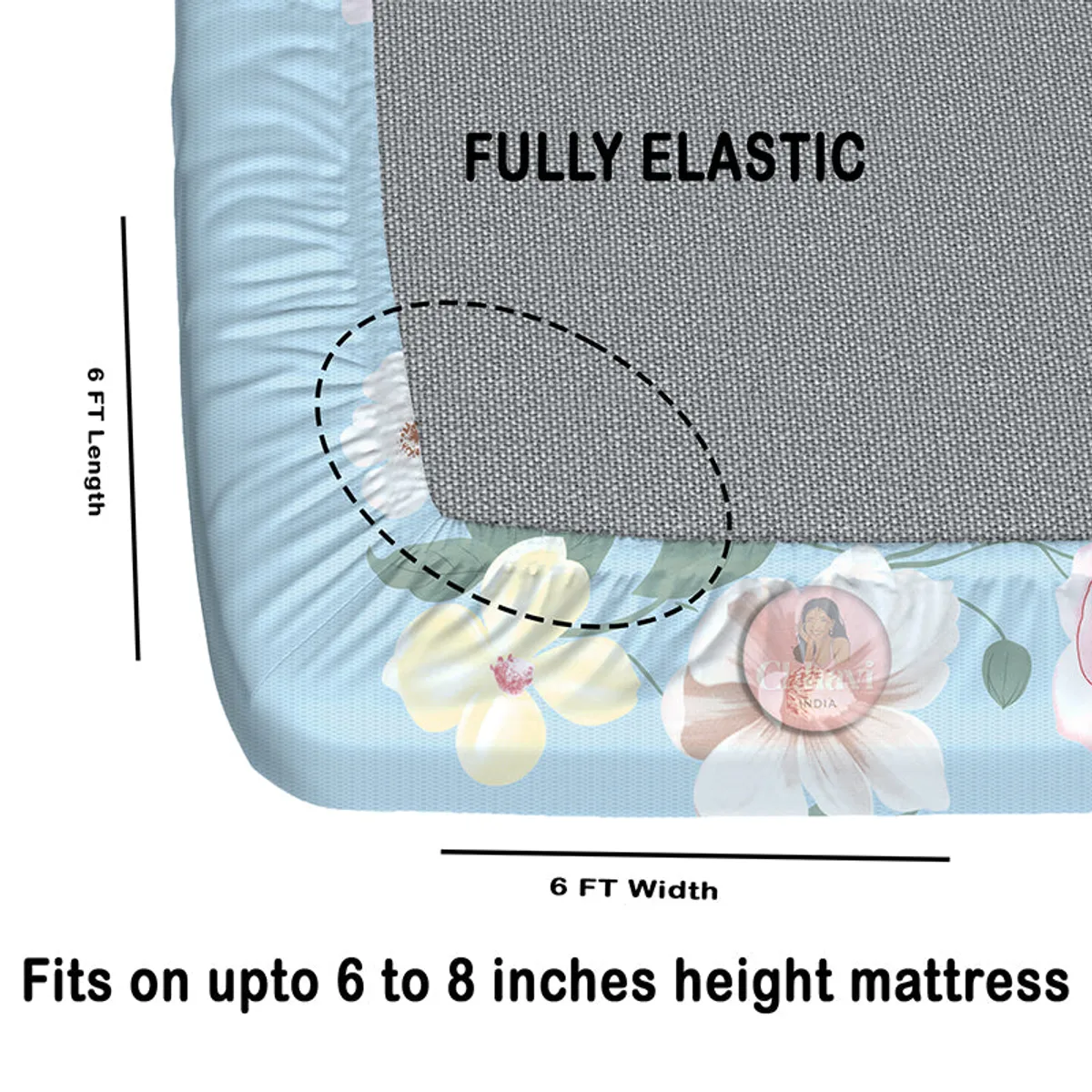 Corner view of fitted bedsheet with elastic edge around mattress