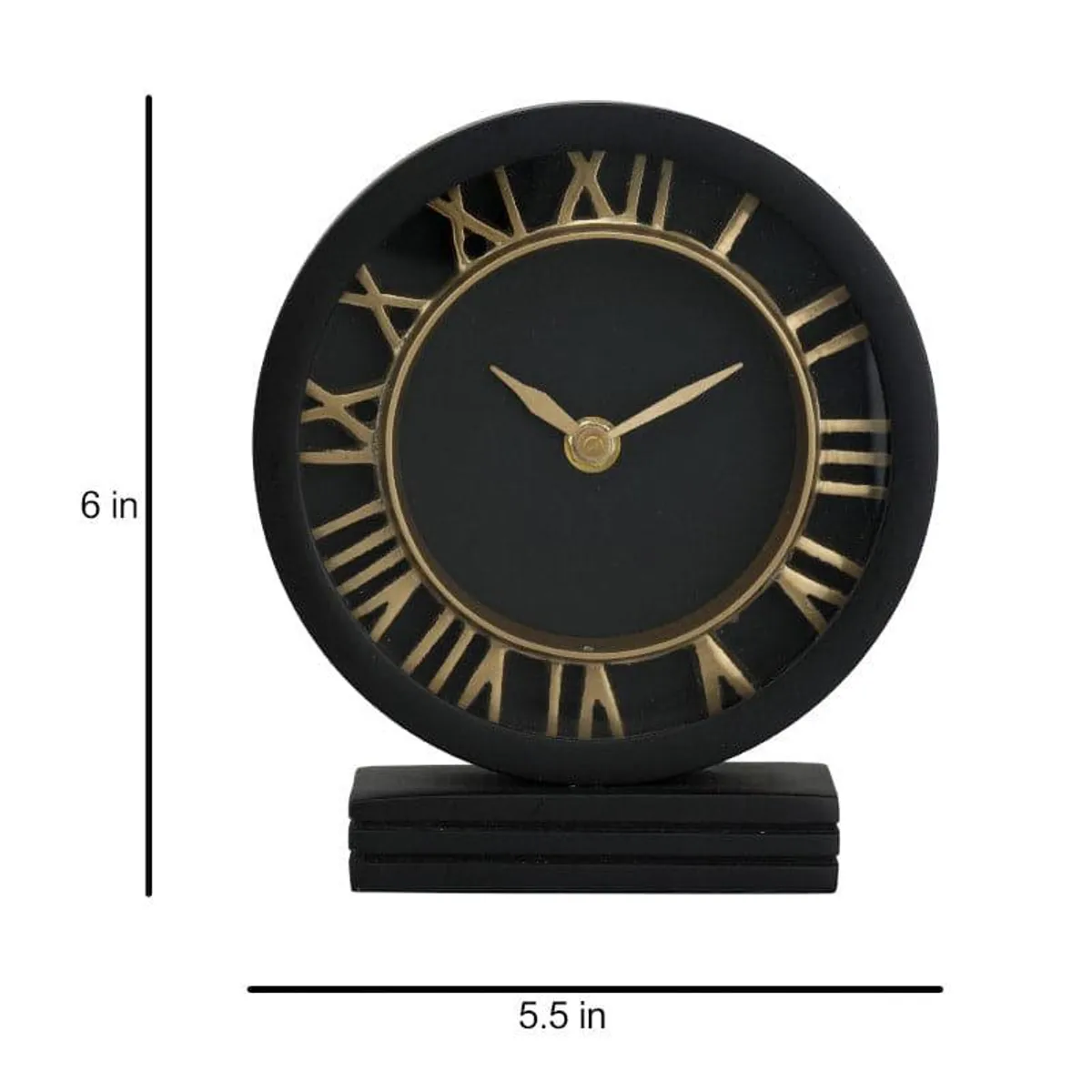 Black round table clock with gold Roman numerals on a stepped base