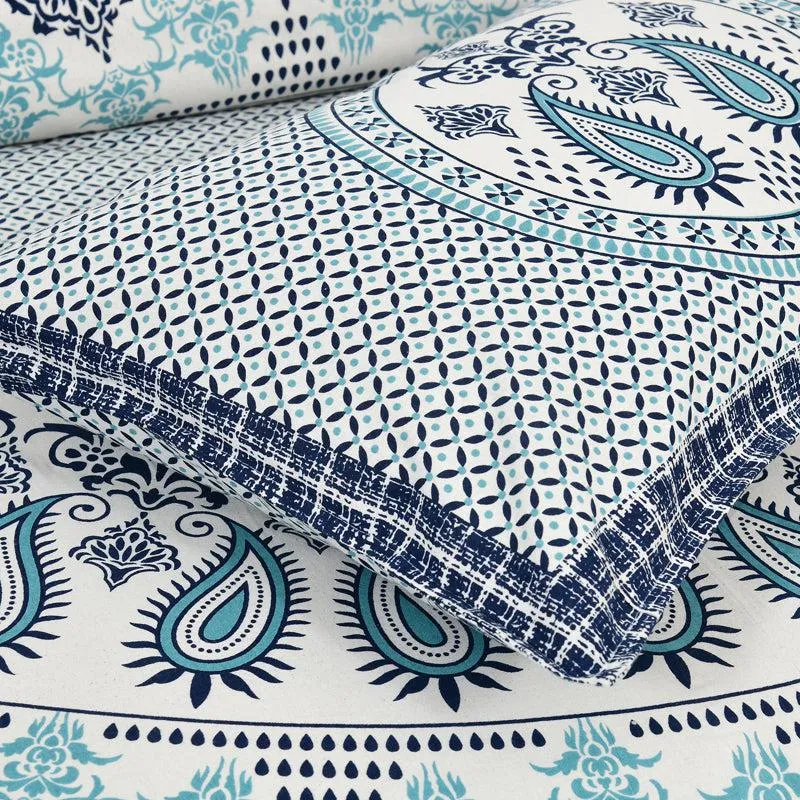 Trikaaya Ethnic Cotton Flat Bedsheet (White & Blue) - 160 TC media 5