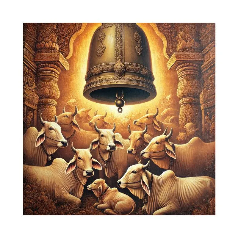 Temple Bell with Resting Cows Poly Canvas Wall Painting media 4