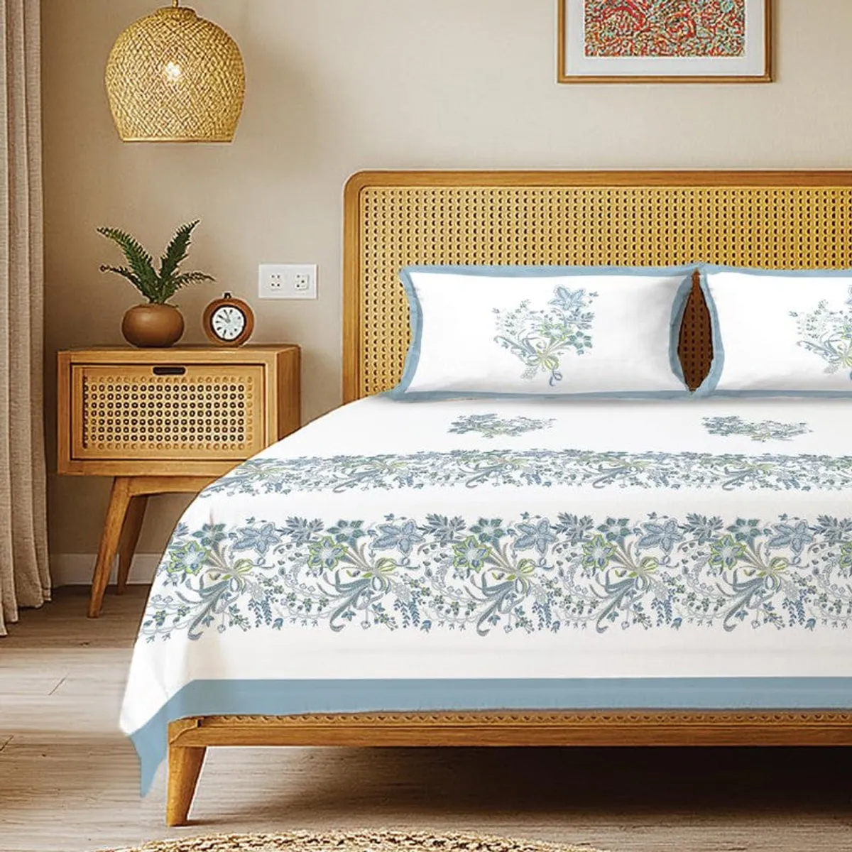 Close view of blue and white floral bedsheet and matching pillow cover on a bed