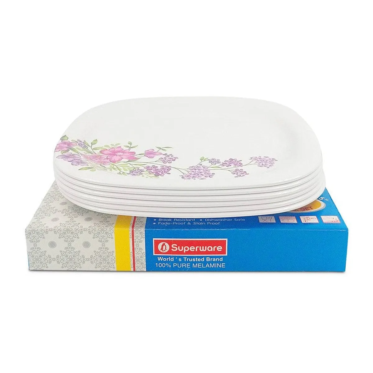 Stack of white square floral dinner plates shown on their product box