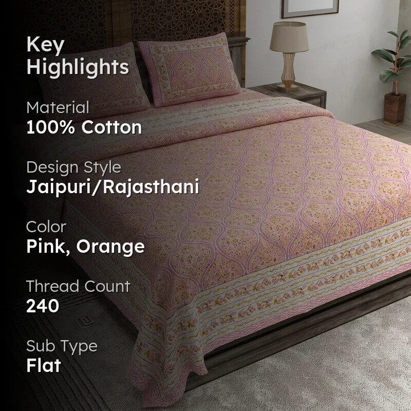 Rangly Cotton Bedsheet (Pink,Orange) - 240 TC media 2