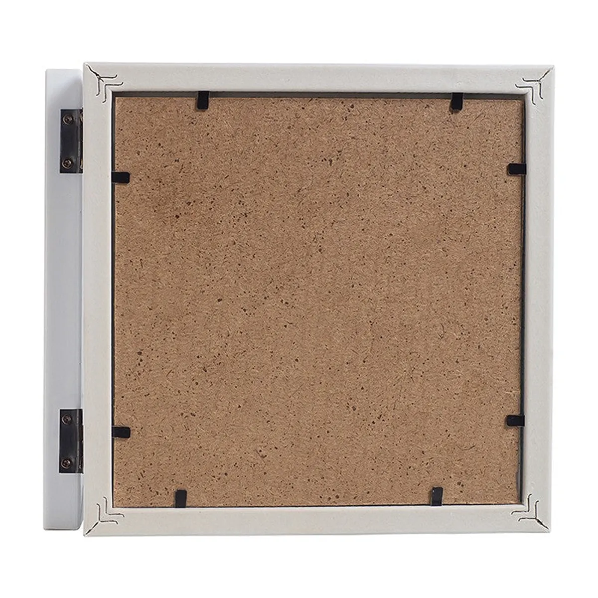 Back view of the white photo frame showing its MDF backing and hinges