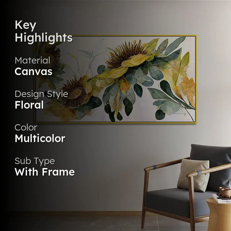 Ochre Autumn SunFlowers Floral Canvas Wall Painting With Frame - Gold media 2