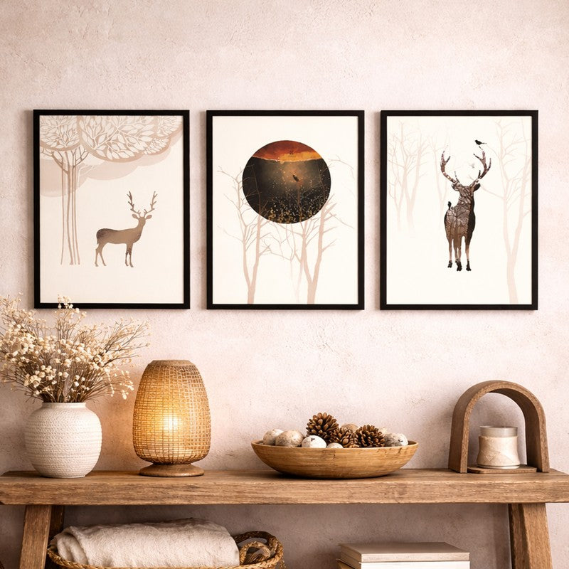 Deerland Paper Wall Painting With MDF Frame (Black) - Set Of Three