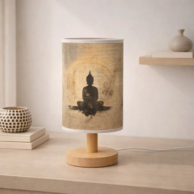 Meditating Buddha Jute & Wooden Table Lamp - Beige media 3